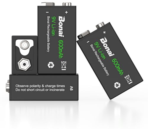 BONAI Rechargeable 9V Batteries 600mAh High Capacity, (4 Pack) 9 Volt Lithium Batteries for Smoke Alarms Metal Detector etc - Long-Lasting & Economical