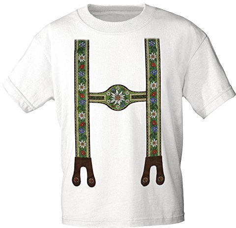 T-Shirt mit Print - Lederhose Hosenträger Blumen Edelweiß - 10640 Gr. S-3XL Farbe weiß, Größe 3XL