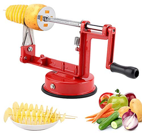 Potato, Manual Potato Peeler with Handle Stainless Steel Manual Potato Spiral Chips Kitchen Tool, Pata Twisr with 4 Pcs and Suction Base for Home Barbecue, Red | Spiral Chips Kitchen Tool, With Handle, Suction Base, For Home Barbecue
