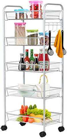 COSTWAY Carrito Auxiliar Multiuso de Servicio con 5 Estantes de Metal Carro con 4 Ruedas y Ganchos para Cocina Baño Restaurante (Gris)