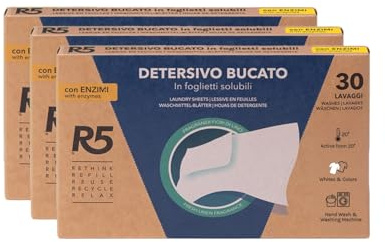 R5, Detersivo Bucato in Foglietti Solubili, 90 Lavaggi, Detersivo in Fogli con Enzimi per Lavatrice o Lavaggi a Mano, per Capi Bianchi e Colorati, Profumo Fiori di Lino, Eco-Formato
