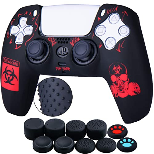 YoRHa Hintere Punkte Carving Silikon Hülle Abdeckungs Haut Kasten für PS5 Controller x 1 (BH Rot) mit Pro Aufsätze Thumb Grips x 10