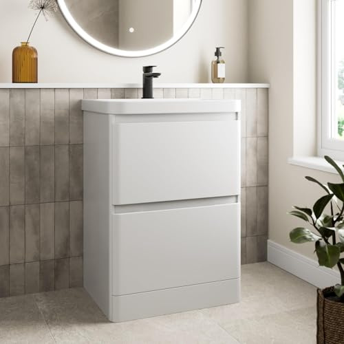 Affine® 600mm Bathroom Vanity Unit With Wash Basin Resin Sink, Single Tap Hole, 2 Soft Close Drawers, Cloakroom Storage Furniture Freestanding Storage, Fully Assembled, Modern Curved, White Gloss