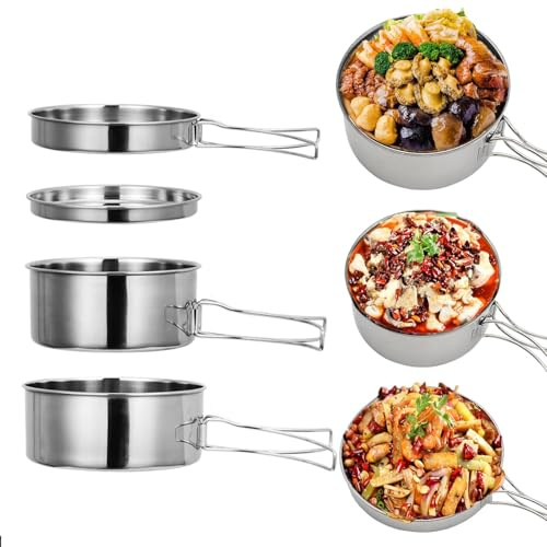 4Pcs Camping Cookware Set, Portable Stainless Steel Camping Cookware Mess Kit Outdoor Camping Cookware Kit Lightweight Pot for 2-3 People Kids Outdoor Camping Hiking Backpacking Travel