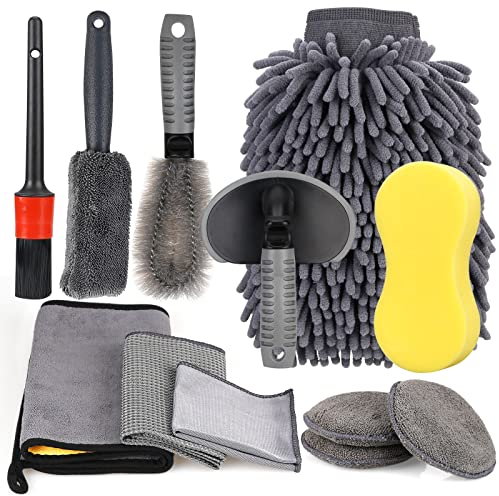 12PCS Kit De Nettoyage Voiture Professionnel,Microfibre Lavage Voiture Nettoyer Kit,Voiture Chiffons de Nettoyage Automobile Set,Brosse de Roue et de Jante,Chiffons de Nettoyage Gants de Lavage,éponge