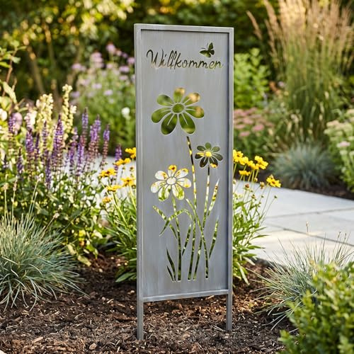 Gartenstecker Willkommen H83cm Stele Grau Betonoptik Gartenschild Schmetterling Garten-Deko Gartenstecker Gartenstele Blume