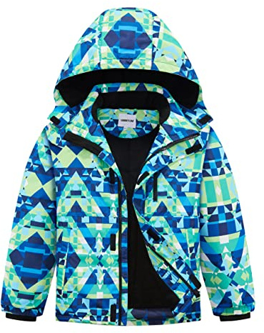 UMMTOM Boys Waterproof Ski Jacket Fleece Lined Warm Winter Snow Coat Hooded Winter Jacket for Kids(Green Geometry,9-10)