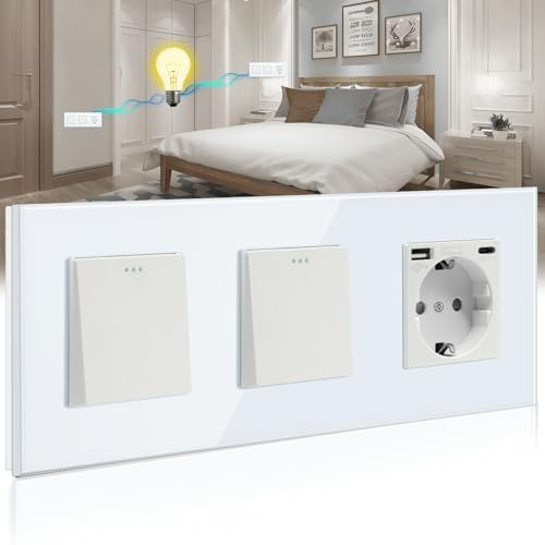 BSEED Doble Interruptor de pared con Enchufe Blanco,1 Gang 2 Vías Interruptor conmutador+16A Schuko Enchufe con 1 Puerto Tipo C y 1 Puertos USB,10A Interruptor de luz de botón pulsador
