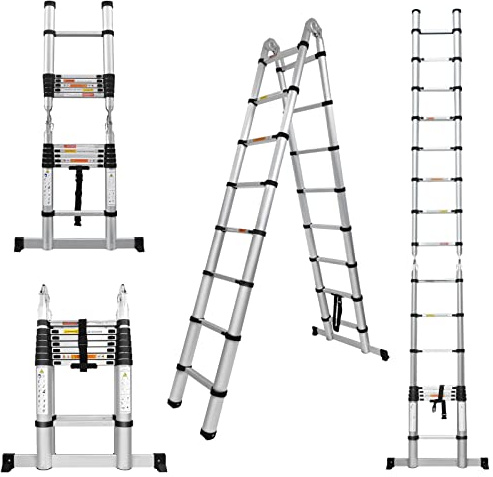 Bowose 5M Aluminium Teleskop Ausziehleiter 2-in-1 A-Frame Leiter oder gerade Leiter, 8+8 Stufen einstellbare Höhe, Klappleiter A-Shape Leiter, zusammengeklappt Höhe 92,5cm, Last 150kg, 5M(2,5m+2,5m)