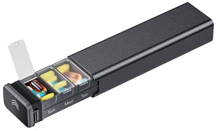 Tablettenbox 7 Tage,Kursoaya Tägliche Pillendose für 7 Tage, Hochwertiges Aluminium，Pillenbox für Vitamine, Medikamente, Nahrungsergänzungsmittel (Schwarz)