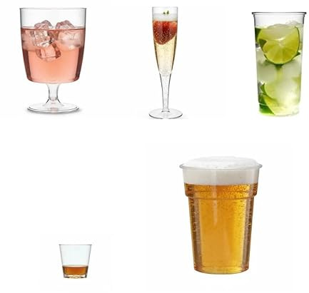 Regalzone Recyclable Glasses Party Box Set 180 Piece. Pints (50) Softdrinks, Long Drinks, Half Pints (30), Wine (30), Champagne (20) and Shots (50)