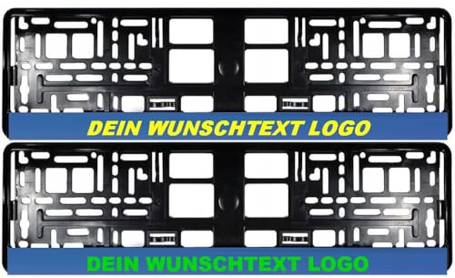 2X Kurze Kennzeichenhalter 460 x 110 mm mit WUNSCHTEXT Beschriftung Werbung Bedruckt Nummernschildhalter Kennzeichenhalterung für verkurzte Kennzeichen 46 x 11cm (blau)