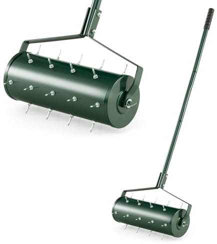 RELAX4LIFE Arieggiatore per Prato con Rullo da 44 cm/52 cm, 27/33 Punte Antiruggine da 3,4 cm, Aeratore da Prato con Manico Lungo, Ideale per Cortili, Giardini e Prato (Larghezza: 52 cm, Verde)