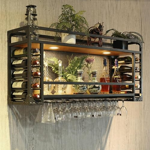 Ddasam Portabottiglie da Parete - Mensola A Soffitto, Espositore Da Parete Retrò Europeo, Portabicchieri Da Vino In Ferro Battuto A 2 Livelli, Decorazioni Bar