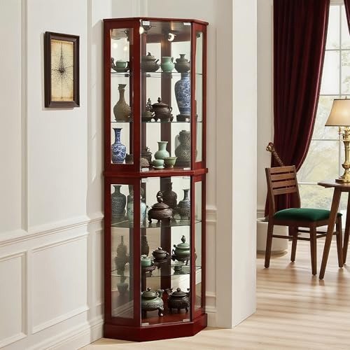 Royard Oaktree Lighted Corner Display Cabinet with Glass Doors, Wooden Curio Cabinet with Adjustable Shelves & Curved Design, Vintage Storage Cabinet with Mirrored Back for Home, Office, Bar, Cherry