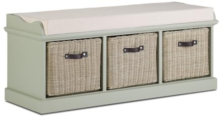 Statement Furniture Tetbury Storage Bench with 3 Baskets and Cushion Seat (W112cm H46cm D40cm) | Fully Assembled Hallway Bedroom 3 Seater Bench Storage Unit (sage green)