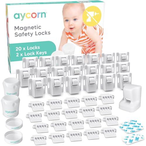 AYCORN® Magnetic Safety Cupboard Locks for Children [20 Locks & 2 Keys] Child & Baby Safety Proofing for Kitchen, Cabinets and Drawers, 30 Second Install (2 Spare Keys) - White