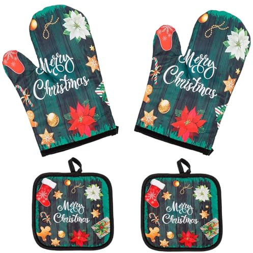 4er Set Ofenhandschuhe für Weihnachten, Weihnachten Topflappen Ofenhandschuhe Hitzebeständig rutschfest Grillhandschuhe mit Topfmatte, zum Backen Kochen Grillen