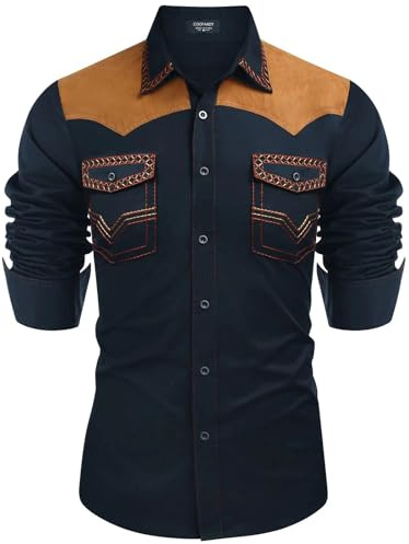 Caxndycing Camisa tradicional para hombre, vaquero occidental, bordado, corte estrecho, informal, manga larga, para bodas, fiestas, carnaval, fiesta temática, estilo vaquero, camisa de ocio, marine,