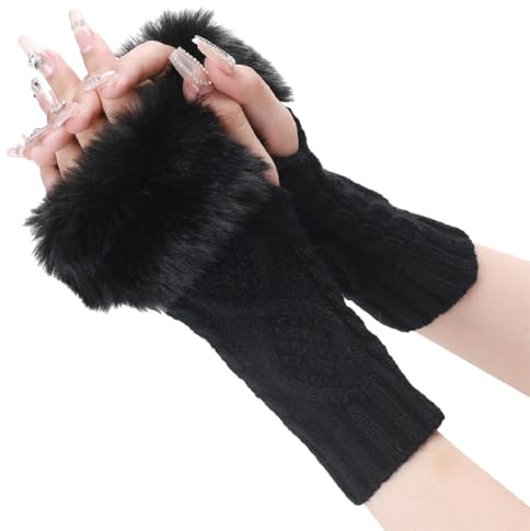 CABODYALS 2 Paar Schwarze Fingerlose Handschuhe Aus Fell Flauschige Handschuhe Weiche Armstulpen Aus Strick Daumenloch Handschuhe Mit Kunstfell Gestrickte Handgelenkwärmer Fäustlinge Für Damen Tippen