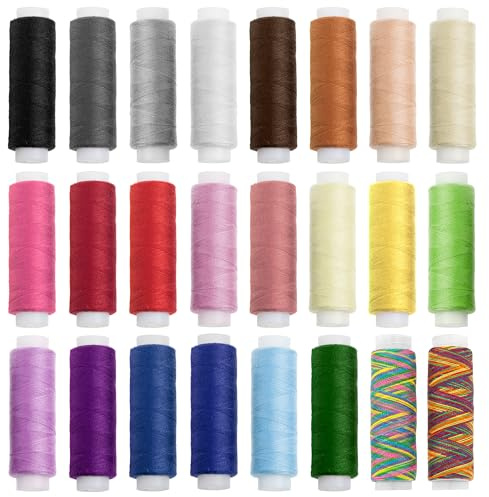 Sytrådsset: 24 rullar sytråd för symaskin i olika trendiga och standardfärger; tillverkad av 100 % polyester, längd: 100 m vardera