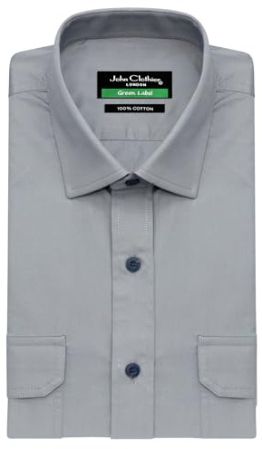 Mens Grey Cotton Shirt Long Sleeve Casual Ash Double Pockets Indiana Jones Spread Collar Office Weekend Attire (US, Neck Sleeve, 16.5, 34, 35, Grey)