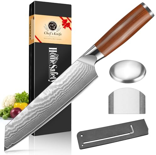 Home Safety Kiritsuke Knife, 7.4 inch Damascus Kitchen Knife Made of 67-Layers Damascus Steel, Professional Chef's Knives with Ergonomic Stainless Steel Handle for Chefs and Home Cooking, Gift Box