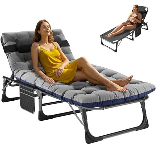 ZIKEBTUY Sonnenliege klappbar Campingbett 200KG Lastlager Gästebett Klappbett Gartenliege liegestuhl Mit Matratze Seitentasche und Kopfstütze für Outdoor Indoor Garten Camping Reisen (Z Fold Gray)