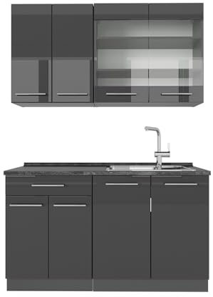 Vicco Singleküche Fame-Line, Anthrazit Hochglanz, 140 cm | 4 Module · Höhenverstellbare Füße · AP Anthrazit inkl. · MDF-Fronten · Softclose · Metallgriffe