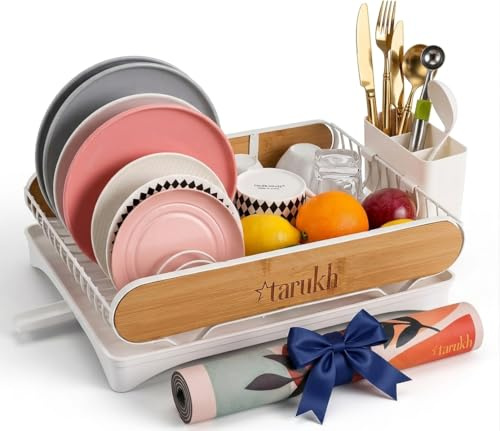 tarukh Modern Dish Drying Rack with Natural Bamboo Accents & Diatomite Drying Mat – Multifunctional Space Saving Rust-Proof Dish Drainer for Kitchen Countertop, Cutlery Holder, Plate & Bowl Organizer