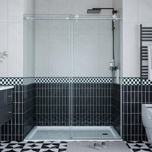 Sliding Glass Shower Door 56-60 Inch W x 76 Inch H–Frameless Shower Enclosure & Shower Glass Door with Stainless Steel Round Track, 8mm Coated Tempered Glass, Brushed Nickel for Contemporary Bathroom