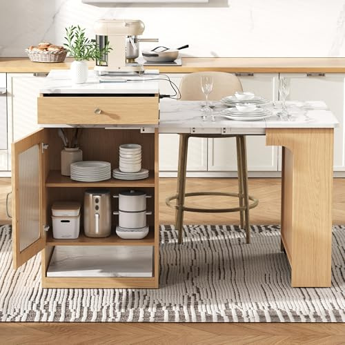 ZKLOEP Ausziehbarer Esstisch mit Abnehmbarer Tischplatte, Kücheninsel mit Rollen, Bartisch mit Steckdosenleisten, Anrichte, Sideboard, für Küche und Esszimmer, Natur