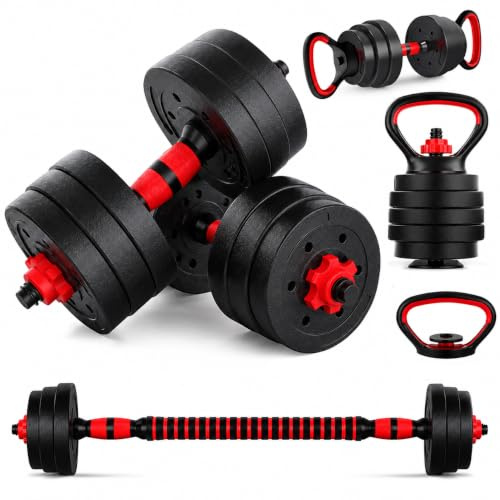 6 in one Vinyl Hand Weights 20kg Adjustable Dumbbells Set for Bodybuilding Bicep Weightlifting, Kettle Bell Handle, Barbell Bar Home Gym Fitness Training Adjustable Barbell Bar All in One