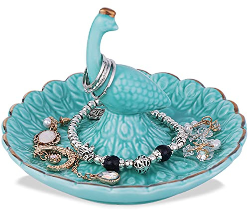 SANFERGE Portaanelli a forma di pavone blu, vassoio per orecchini, gioielli, collana, braccialetto, organizer in ceramica, regalo di compleanno per fidanzata, piatto da 11,4 cm