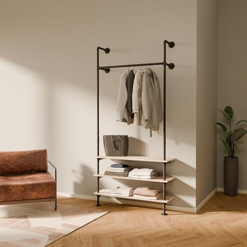 pamo Offener Kleiderschrank Wandmontage – 140 kg Traglast | 105 x 222 cm | Industrial, Begehbarer Kleiderschrank System mit Eichenholz-Regal, Wandsystem aus Wasserrohren Metall schwarz