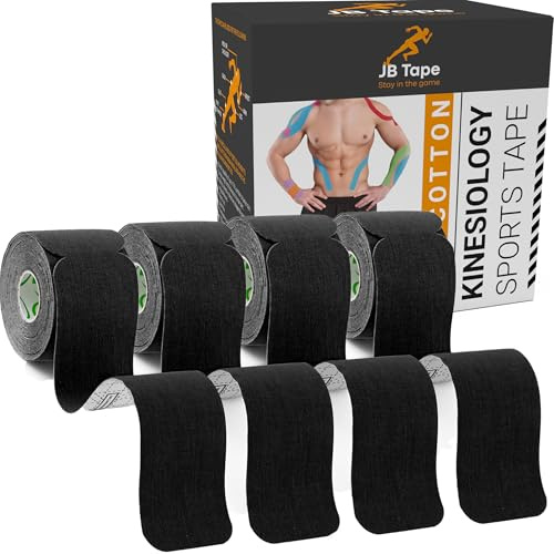 JB Tape Kinesiology Tape – 80 Precut 10-Inch Strips – Black – Elastic, Latex-Free, Water Resistant – Athletic Muscle & Joint Support – 4 Rolls