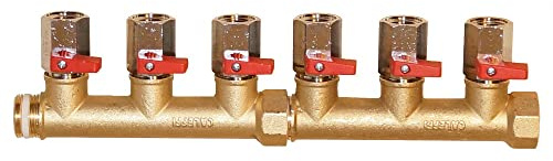 Pneumatik - Hydraulik Groll Verteilerrohr mit 6 Minikugelhahn, Messing, Nickel, VALVE, Druckluftverteiler, Verteiler, 3/4 in, 1/2 Zoll, Kugelventil, gold, silver