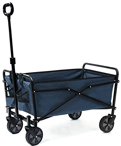 Abaseen Navy Foldable Garden Trolley Heavy Duty Outdoor Garden Utility Wagon Collapsible Removable Polyester Fabric with PVC Coating Folding Cart Trolley on Wheels with Adjustable Handle | 80KG