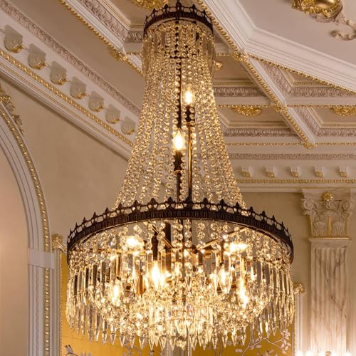 TOCHIC French Empire Crystal Chandeliers,9 Lights Rustic Farmhouse Chandelier,High Ceiling Light Fixture for Entryway,Antique Bronze Chandeliers for Dining Living Room,Foyer,Staircase,24 W x 40'' H