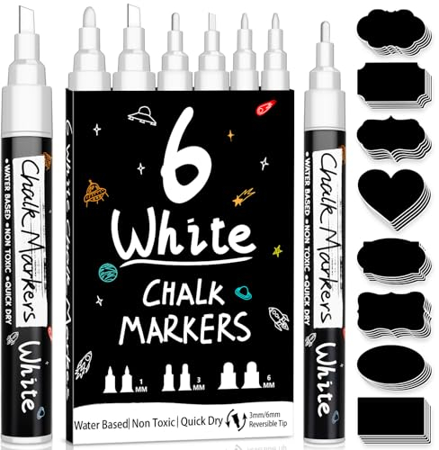 Maqhpu Weiß Kreidestifte für Tafel Abwaschbar, 6 Stück Kreidestifte und 45pcs Kreidetafel Labels, Fensterstifte Whiteboard Marker Kreidemarker Tafelstifte für Glas & Gewürzgläser (1mm, 3mm, 6mm)