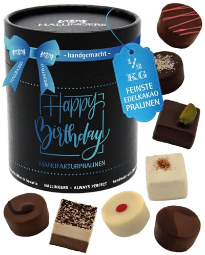 Hallingers Genuss Manufaktur Pralinen Geburtstagsgeschenk - ohne Alkohol, handmade aus Confiserie-Edelkakao in wertiger XXL-Geschenkdose Happy Birthday, Geschenke für Frauen Männer
