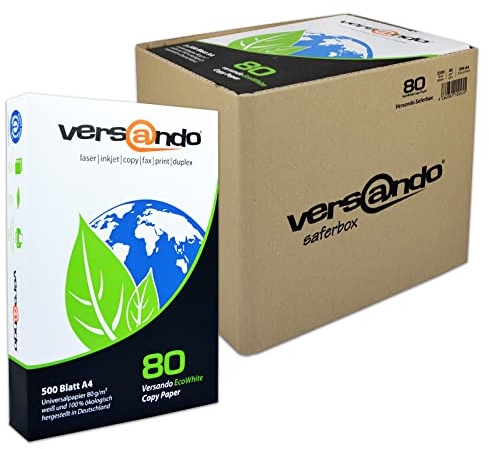 versando 2.500 Blatt Recyclingpapier DIN A4 EcoWhite 80g Kopierpapier | Druckerpapier Öko hohe Weiße ISO 90 - Blauer Engel zertifiziert - Umweltpapier in der Saferbox