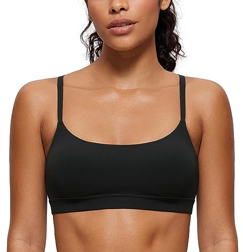 CRZ YOGA Butterluxe Adjustable Spaghetti Strap Sports Bras for Women - Scoop Neck Wireless Padded Yoga Workout Crop Top Black Small