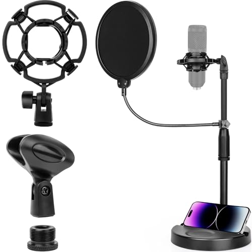 ChromLives Soporte de Micrófono de Escritorio Ajustable con Pop Filter,Soporte Antisísmico,Clip Micrófono y Adaptadores Roscados Metálicos de 3/8 a 5/8 para Grabación/Podcast/Streaming