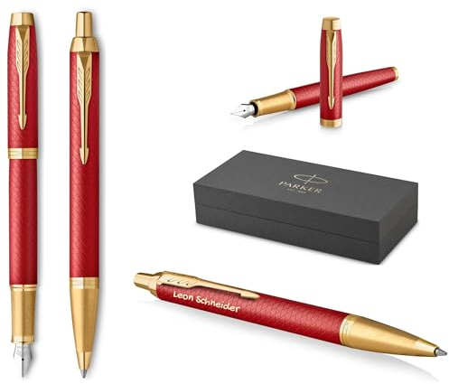 PARKER IM Premium Füllfederhalter und Kugelschreiber mit Gravur | Premium Stift | Geschenkbox | blaue Tinte | personalisiertes Geschenk | Jahrestag | Geburtstag (Red G.C.)