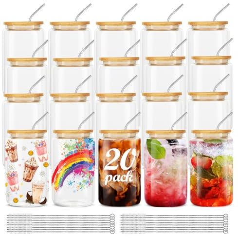ASKIZ 20Pcs Glass Cups With Bamboo Lids and Straws,16Oz Ice Coffee Cup,Drinking Glasses Cups Set,Water Bottles Glasses for Juicing,Beer,Coffee,Soda,Tea-Glass Tumbler Reusable for Gifts