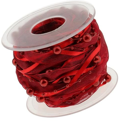 Rockreyoa 10M Perlenband mit Chiffon-Band Perlengirlande Organzaband Perle String Satinband Perlenkette Perlen Schnur Dekoband für DIY Basteln Party Tischdeko Hochzeit Geburtstags 10mm Weinrot