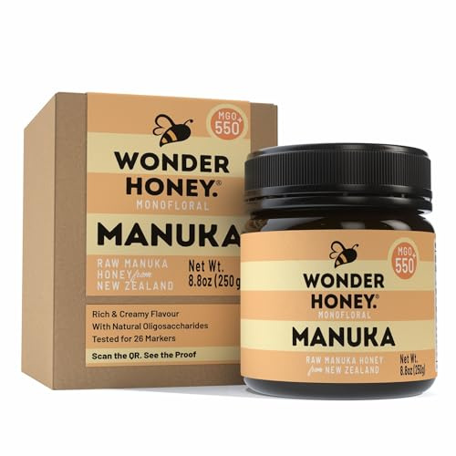 Miel de Manuka Wonder Honey MGO 550+ Certifié (15+) Cru, Non Pasteurisé, Traçable, Non-OGM, Sans Pesticides, Emballé en Nouvelle-Zélande, Pot PET sans BPA | 250g