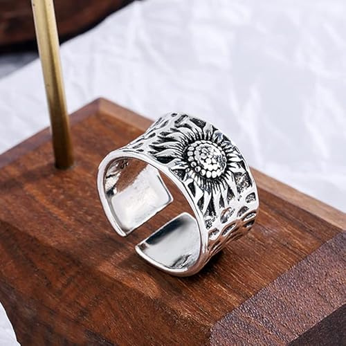 XRCXBLSC 925 Sterling Silver Blooming Hot Sunflower for Women, Handmade Carved Dainty Statement Couple Open Ring Gift for Lover, Best Wishes Jewelry for Faith, Glory, Pride, Loyalty, Love