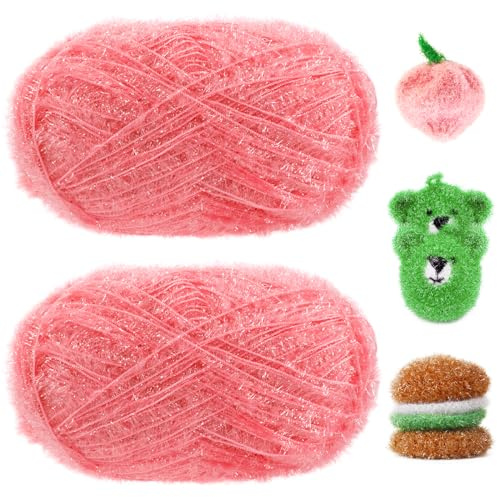 Uiopa Schwammgarn, 200g(2 x 100g, 2 x 200m) Glitzer Crochet Yarn, Flauschige Schwammwolle Garn zum Häkeln Stricken Spültücher Badeschwämme Dekoration DIY Crafts